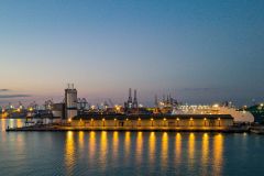 Sunrise entering harbor of Valencia, Spain